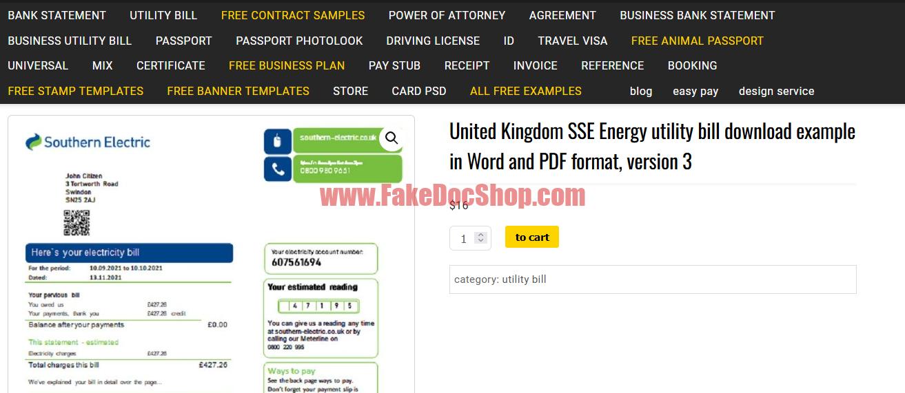 Free Download UK SSE Energy (Southern Electric) utiltiy bill Template
