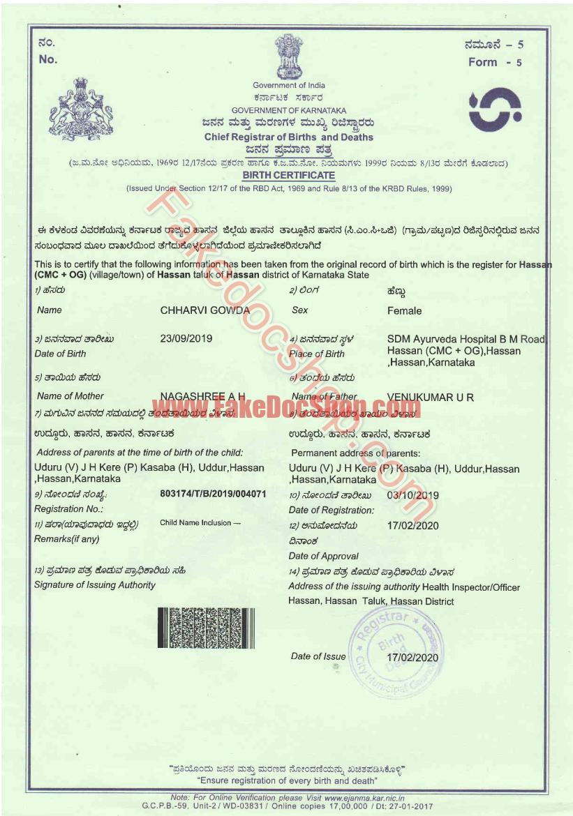 Indian Birth Certificate Template in PDF format