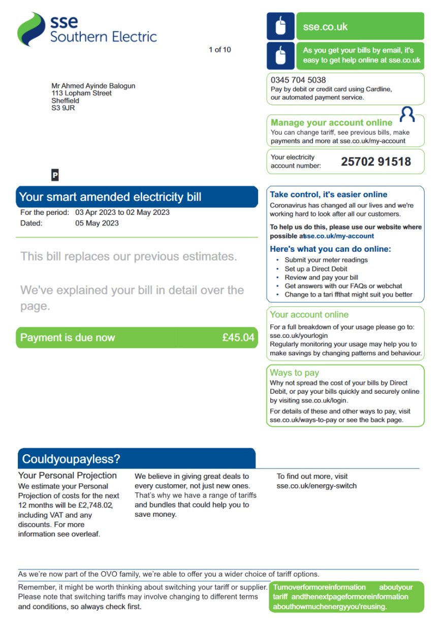 UK sse Southern Electric utiltiy bill Template