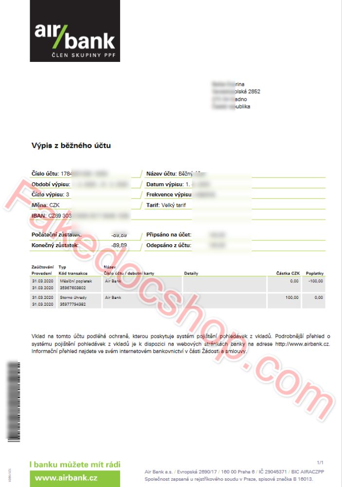 Slovakia Air Bank Statement Word And PDF Template