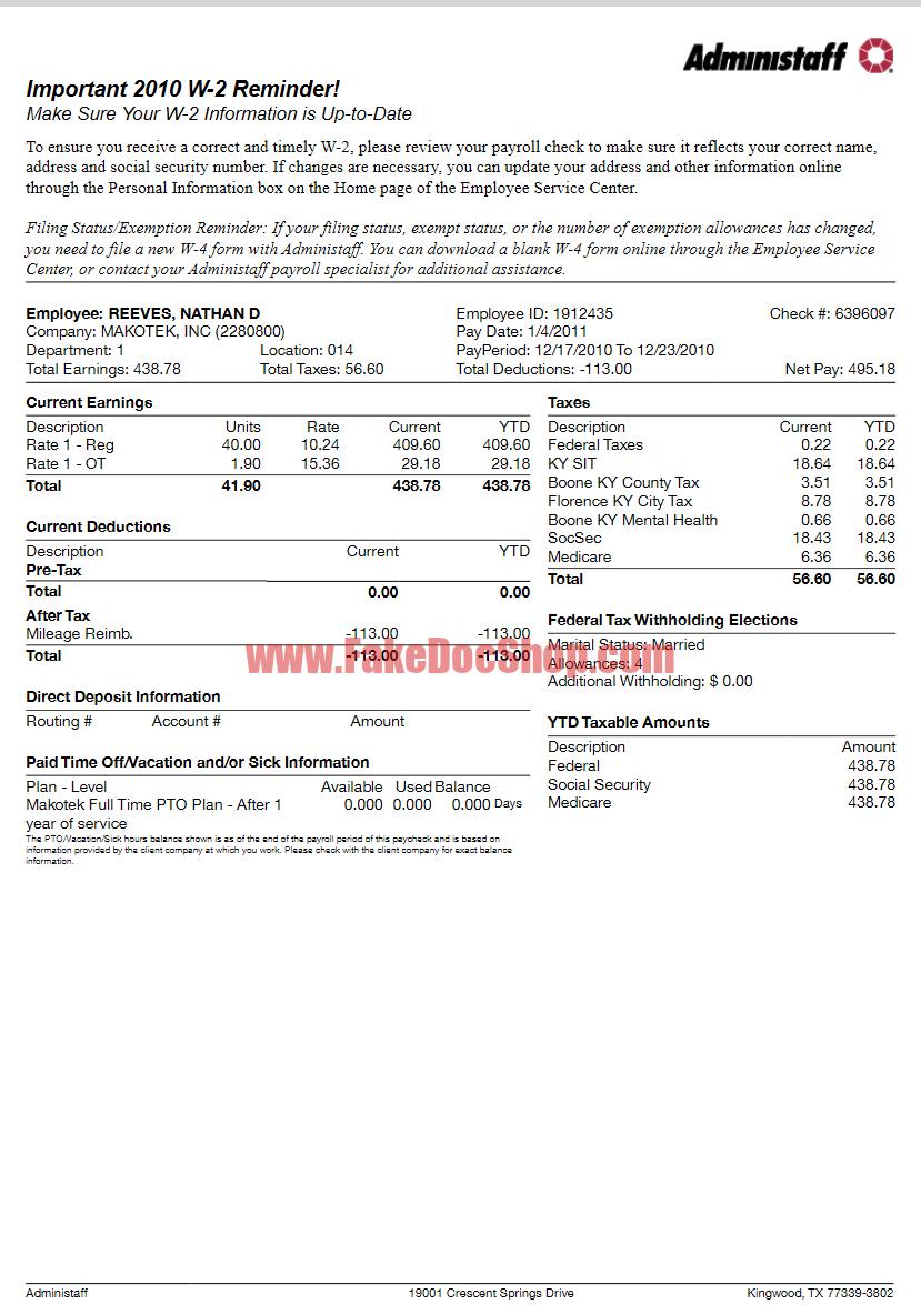 Administaff Paystub Word And PDF template