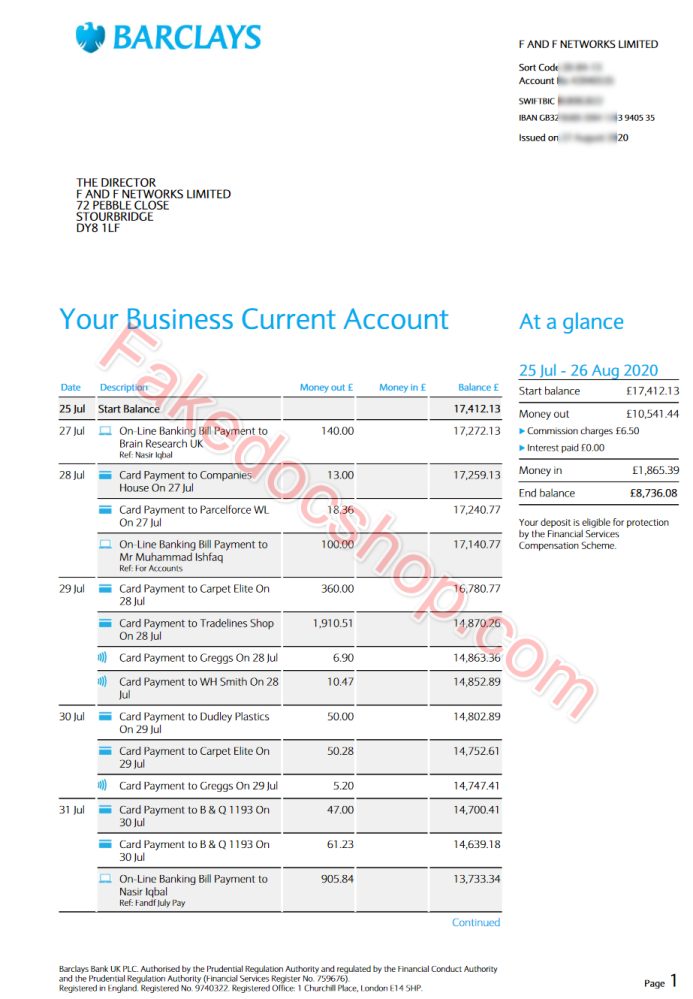 Barclays bank business account statement Word and PDF template