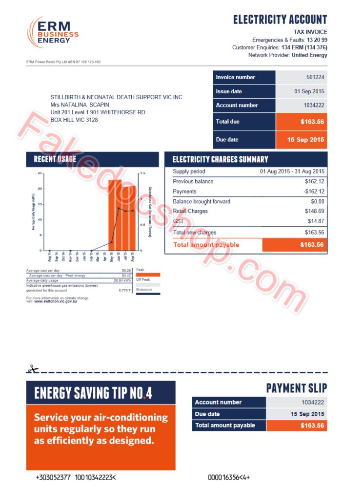 Australia ERM Power electricity utility bill template in Word and PDF format