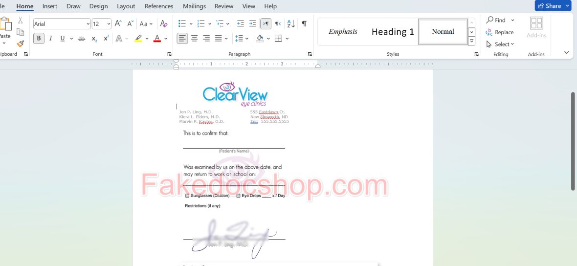 Fake Eye Doctor Note (Signed) Template