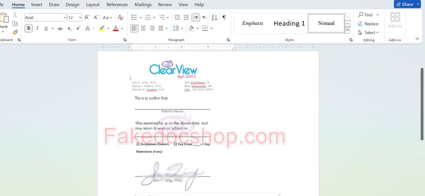 Fake Eye Doctor Note (Signed) Template