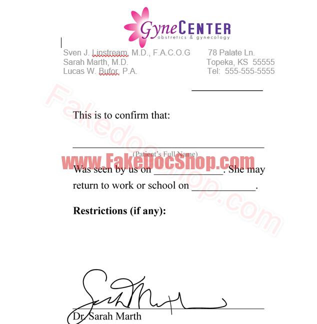 Fake Gynecologist Note Template (Signed)