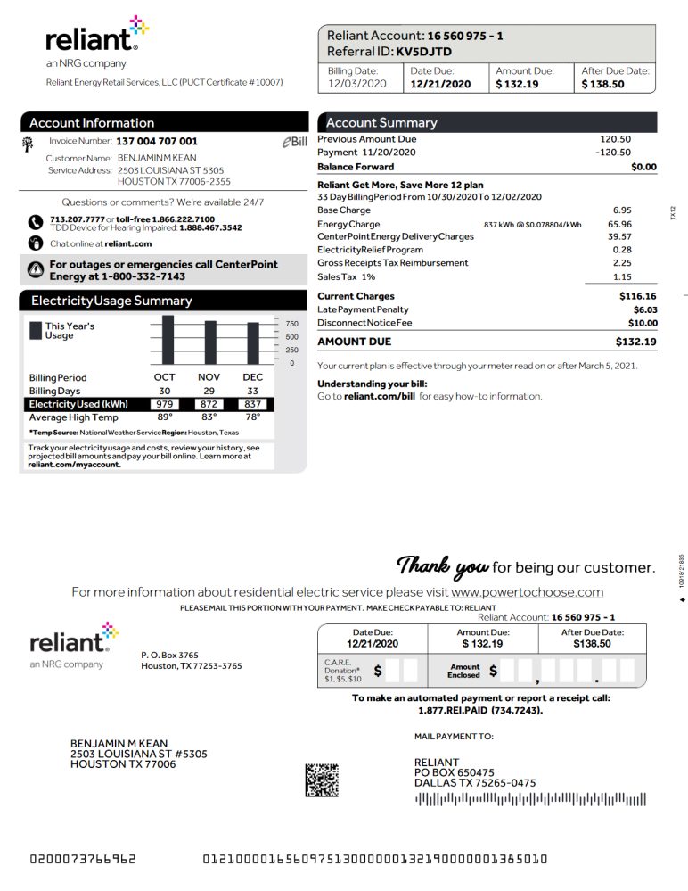 TX Reliant Energy Retail Services Electricity template