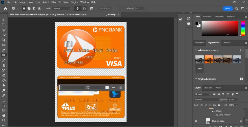 USA PNC Bank Visa Debit card template