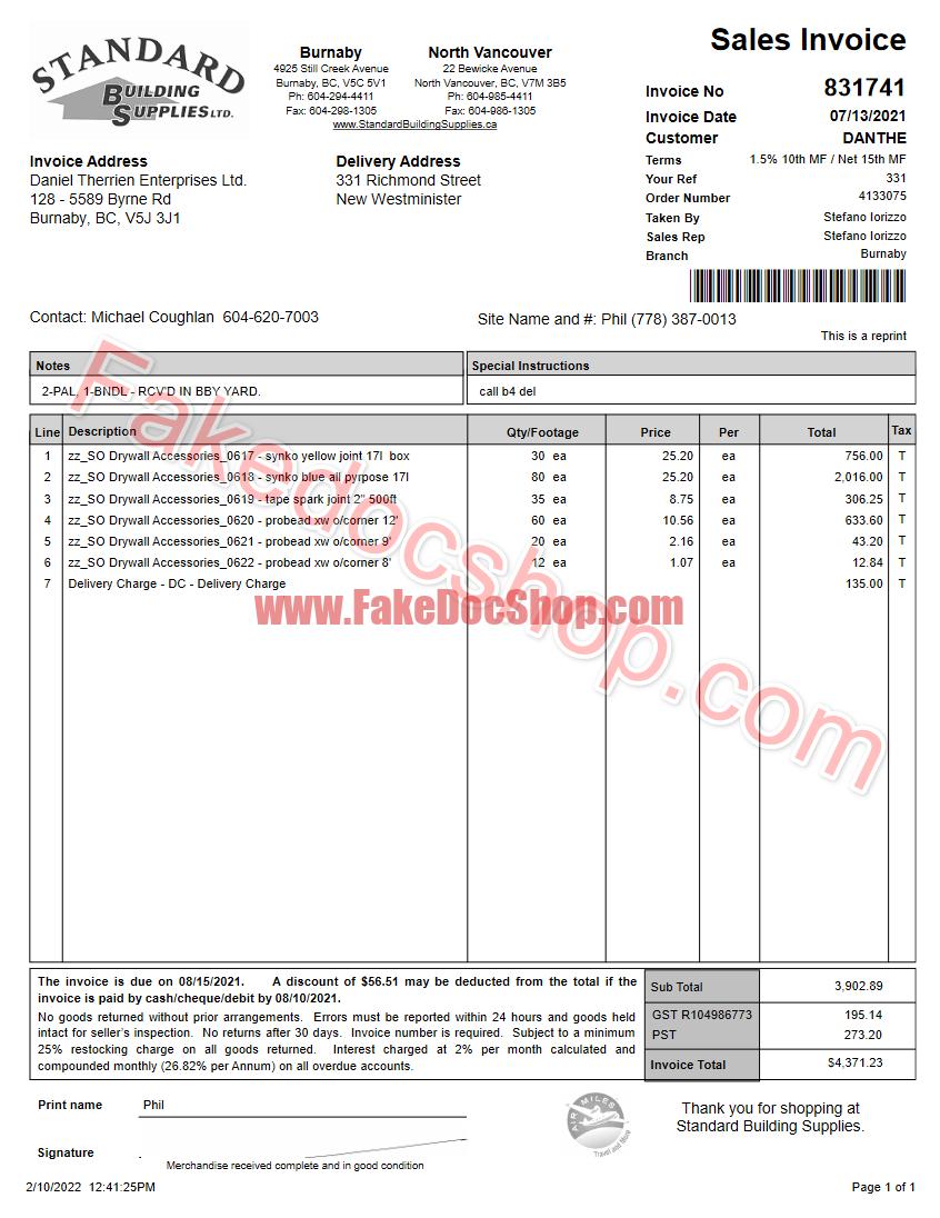 Canada Standard Building Supplies Sales Invoice Template