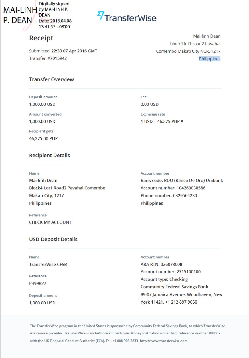 Philippines Transferwise Receipt bank statement Template