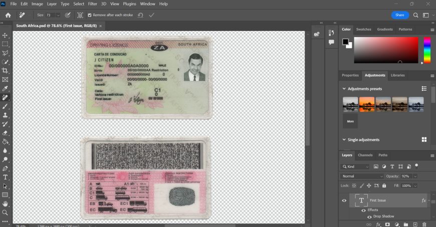 South Africa Driving License PSD Template v2