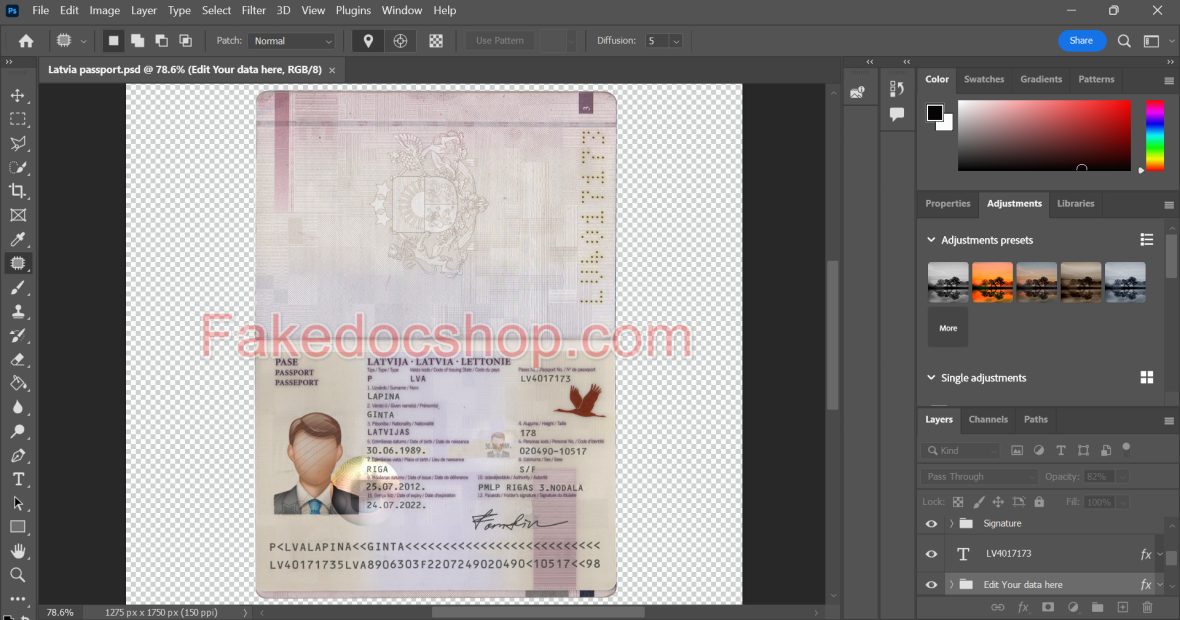 latvia passport fake psd template editable