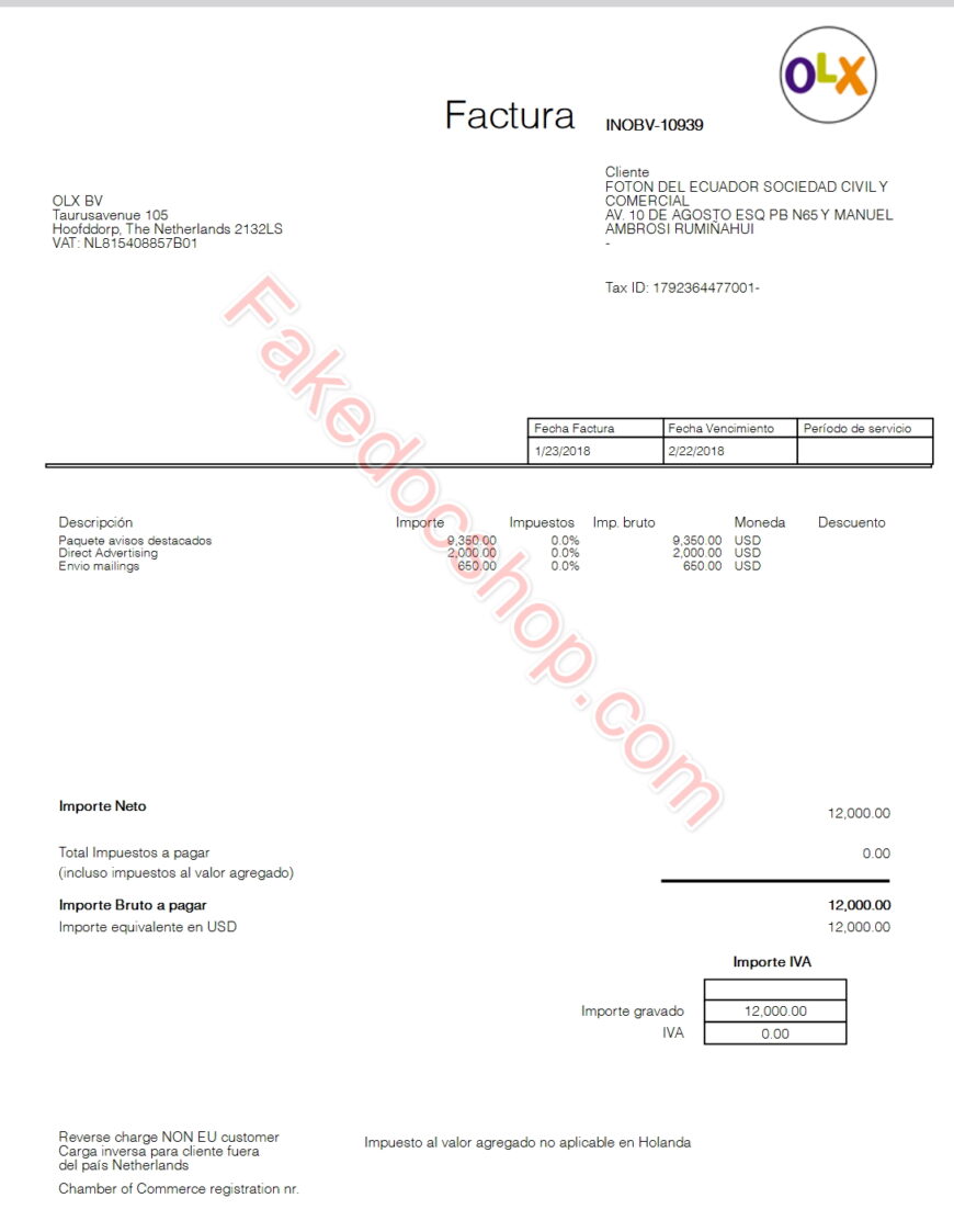 Netherlands OLX Invoice Template