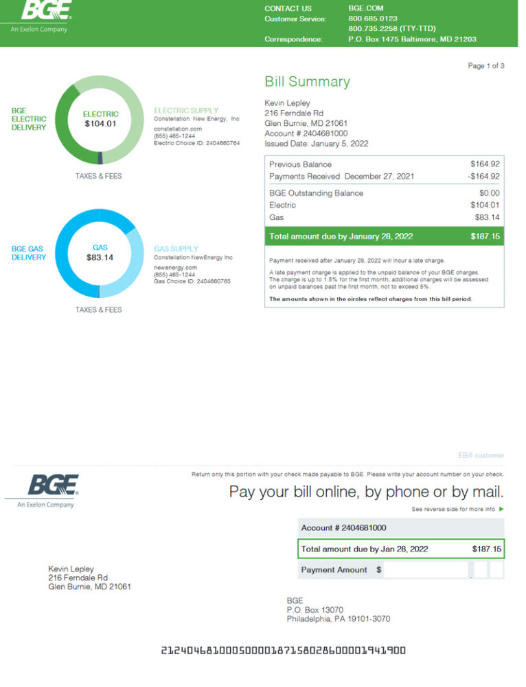 USA Maryland Baltimore Gas and Electric (BGE) utility bill template