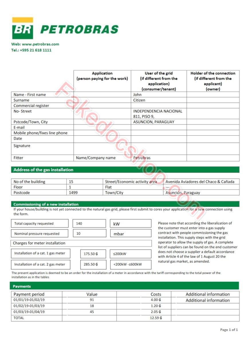 Free Download Paraguay Petrobras Utility bill Template