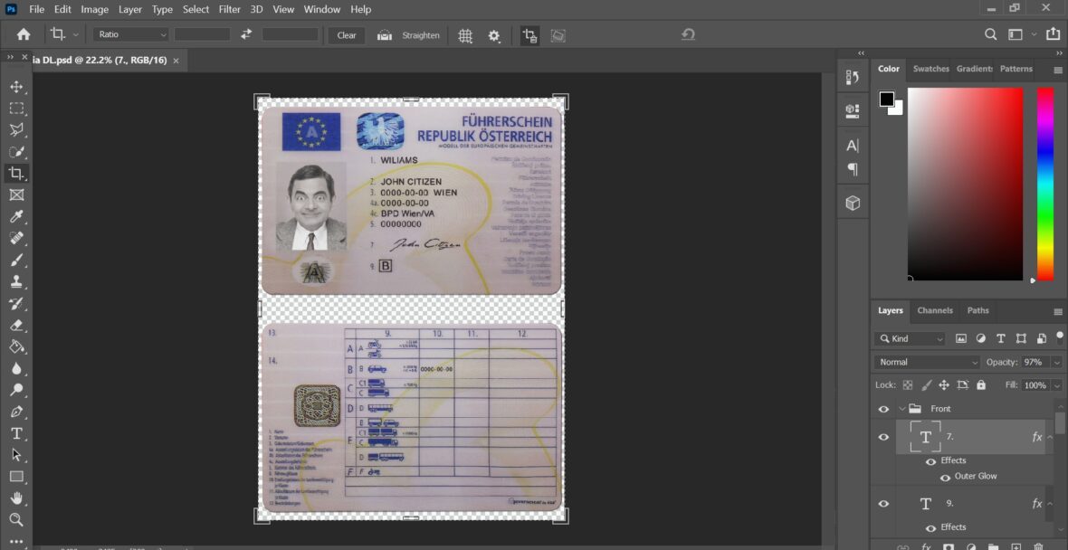 AUSTRIA driving license template in PSD format V3