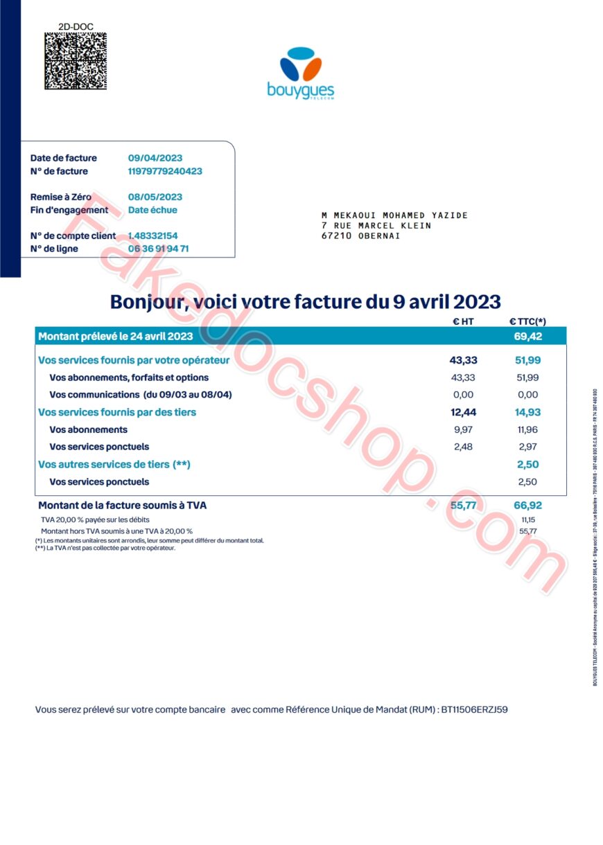 France Bouygues Utility Bills KYC address proof pdf template