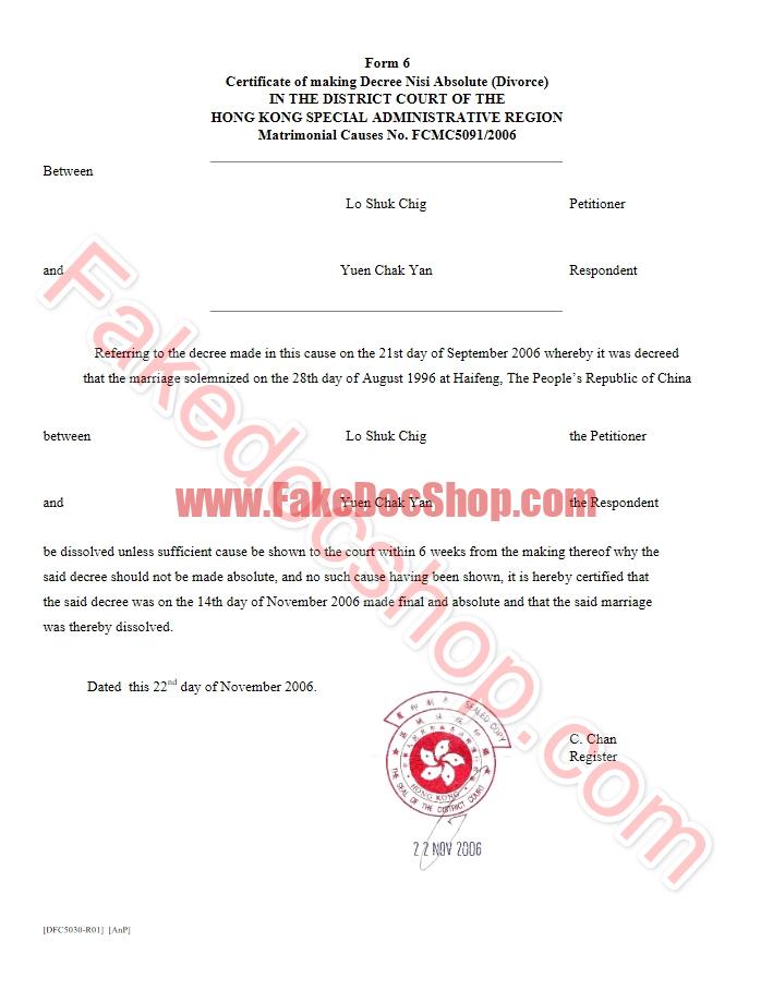 Hong kong divorce certificate Template