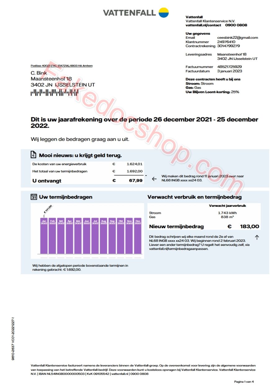 Vattenfall netherlands utility bill Template in Word And PDF Format