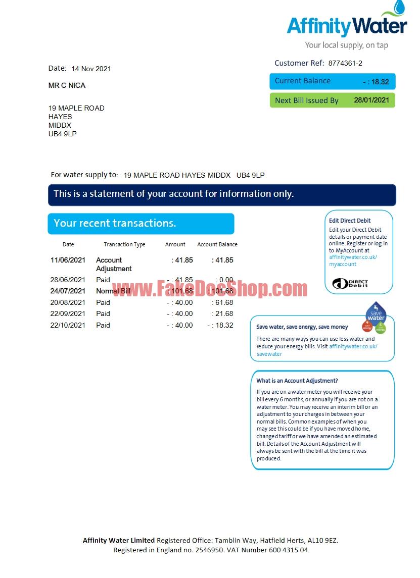 Affinity Water utility bill Word and PDF template
