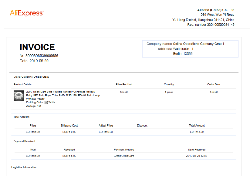 AliExpress Invoice word And PDF template