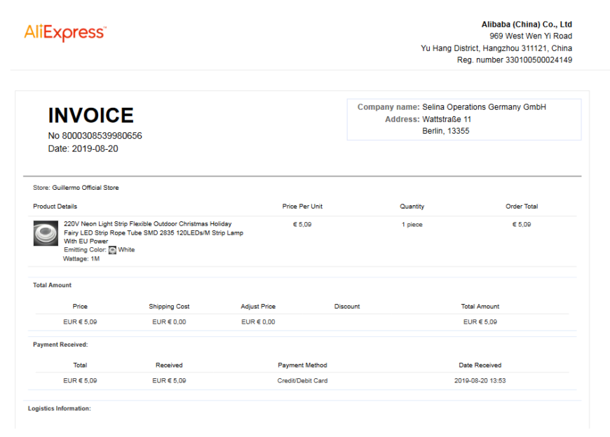 ALIExpress Invoice Template In Word And Pdf Format - Fakedocshop