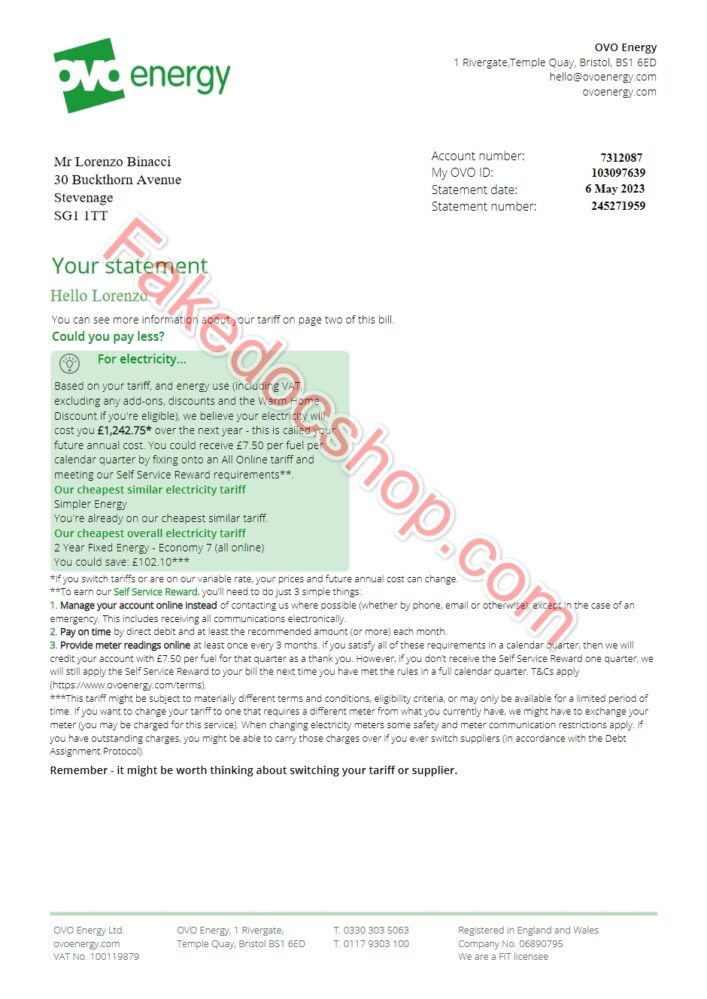 England OVO Energy Utility Bill word And PDF Template