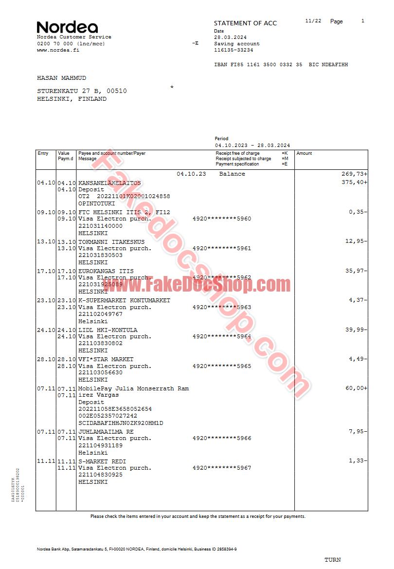 Finland Nordea Bank Statement Word And Pdf Template