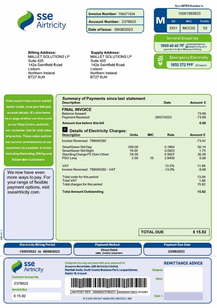 Ireland SSE Airtricity Utlity Bill Template