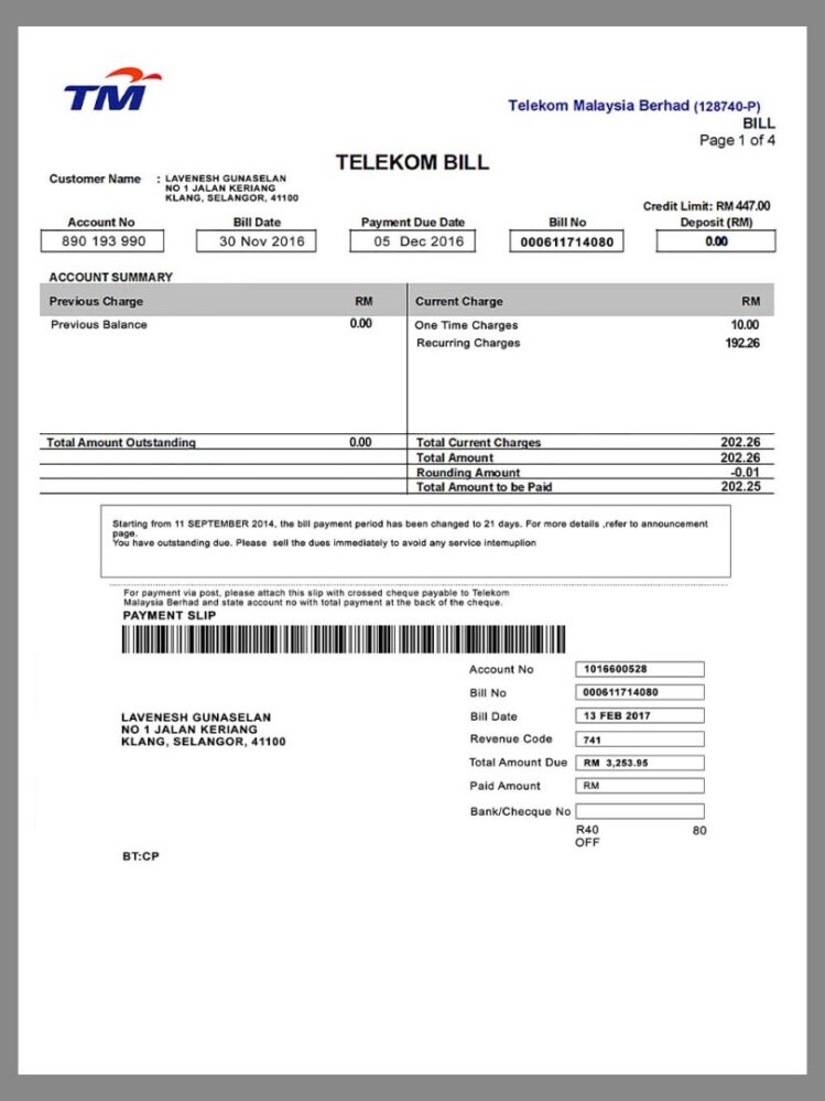 Malaysia TM company Telekom Utility bill template in Psd format