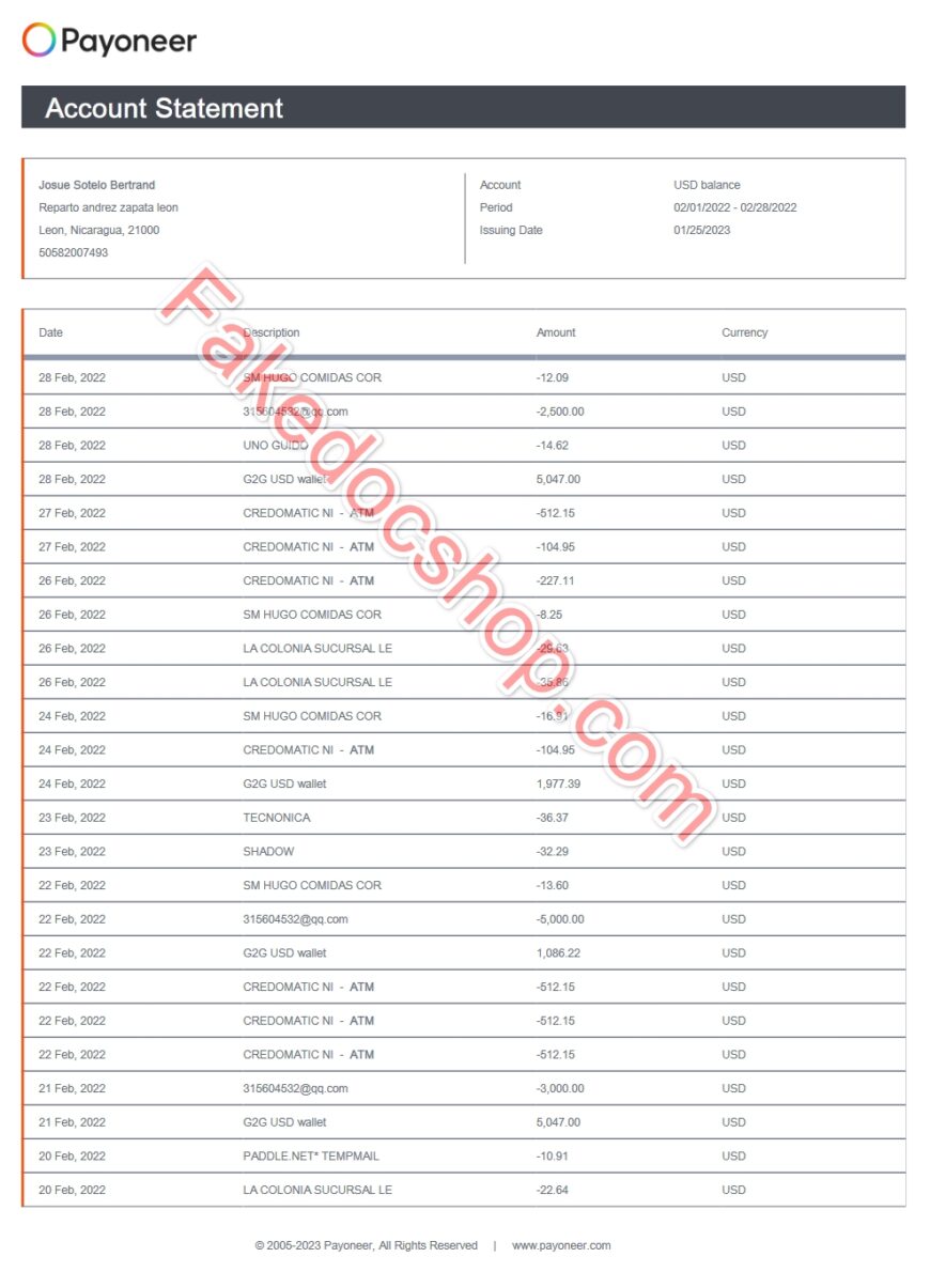 Payoneer Account Statement Word AND PDF Template