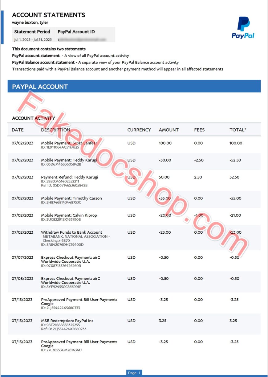 Paypal Account statement Word And PDF template