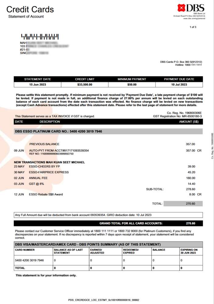 Singapore DBS Bank Credit Card Statement Template