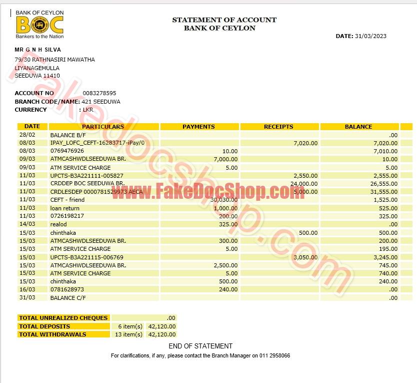 Sri Lanka Bank of Ceylon bank statement template in Word and PDF format
