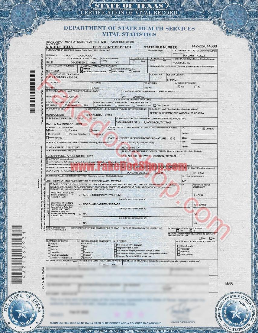 Texas Death Certificate in PDF format