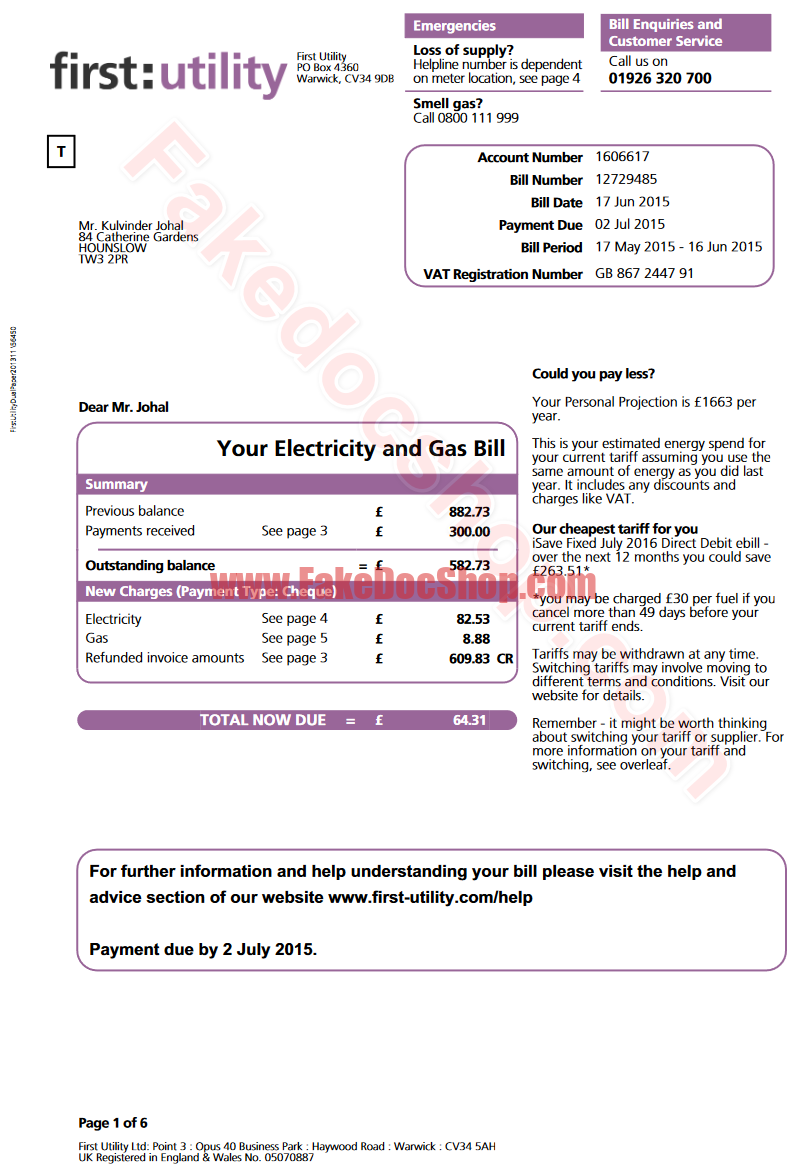UK First Utility Utility Bill Template