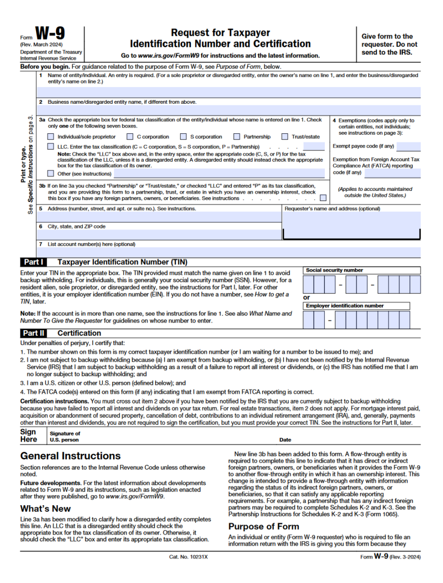 W-9 Tax Form Template Free Download