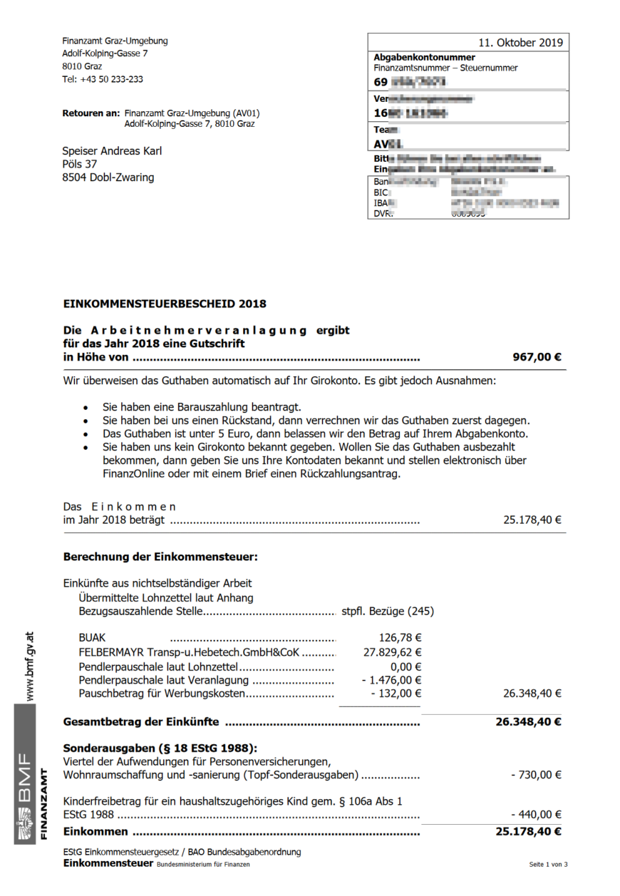 Austria income tax assessment Document