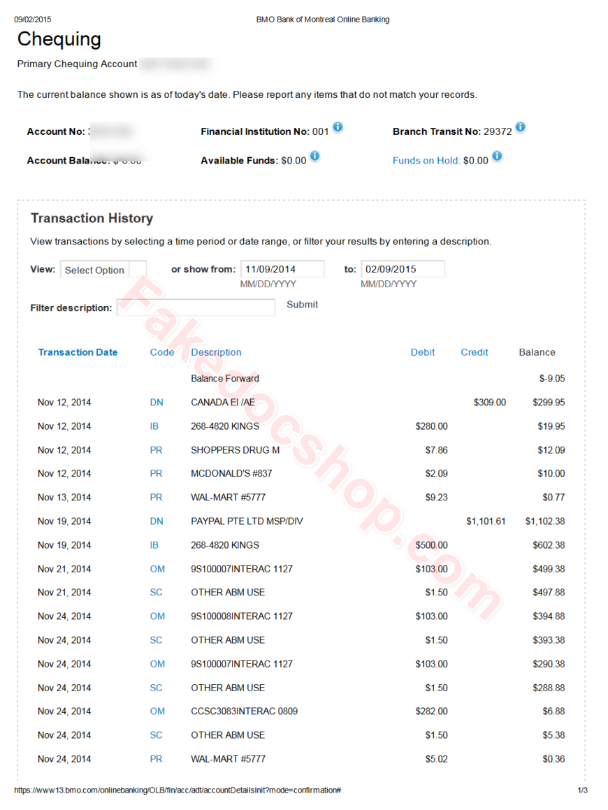 Bank Of Montreal Online Transaction History Template