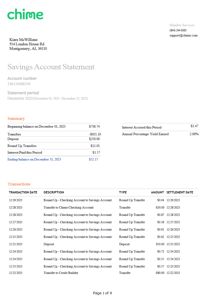 Chime Bank Statement Word And PDF template