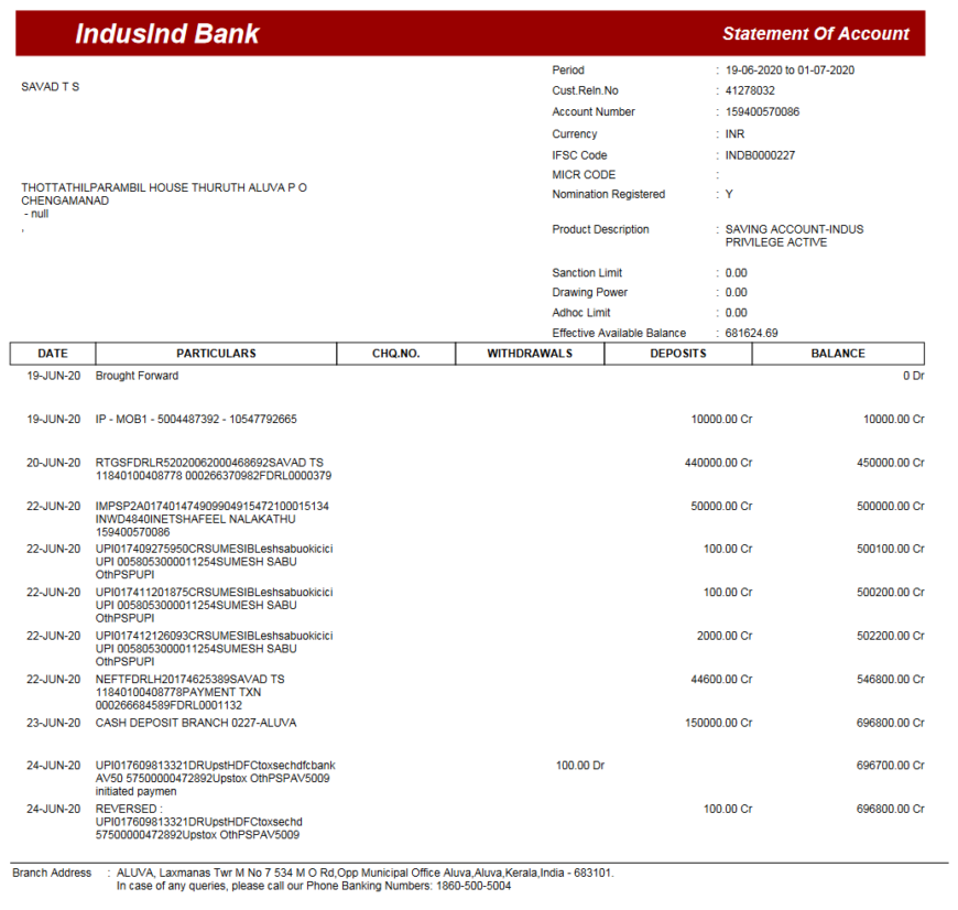 Indusind Bank Statement Word And PDF Template