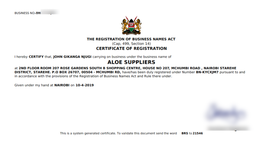 Kenya Business Registration Certificate Word And PDF Template