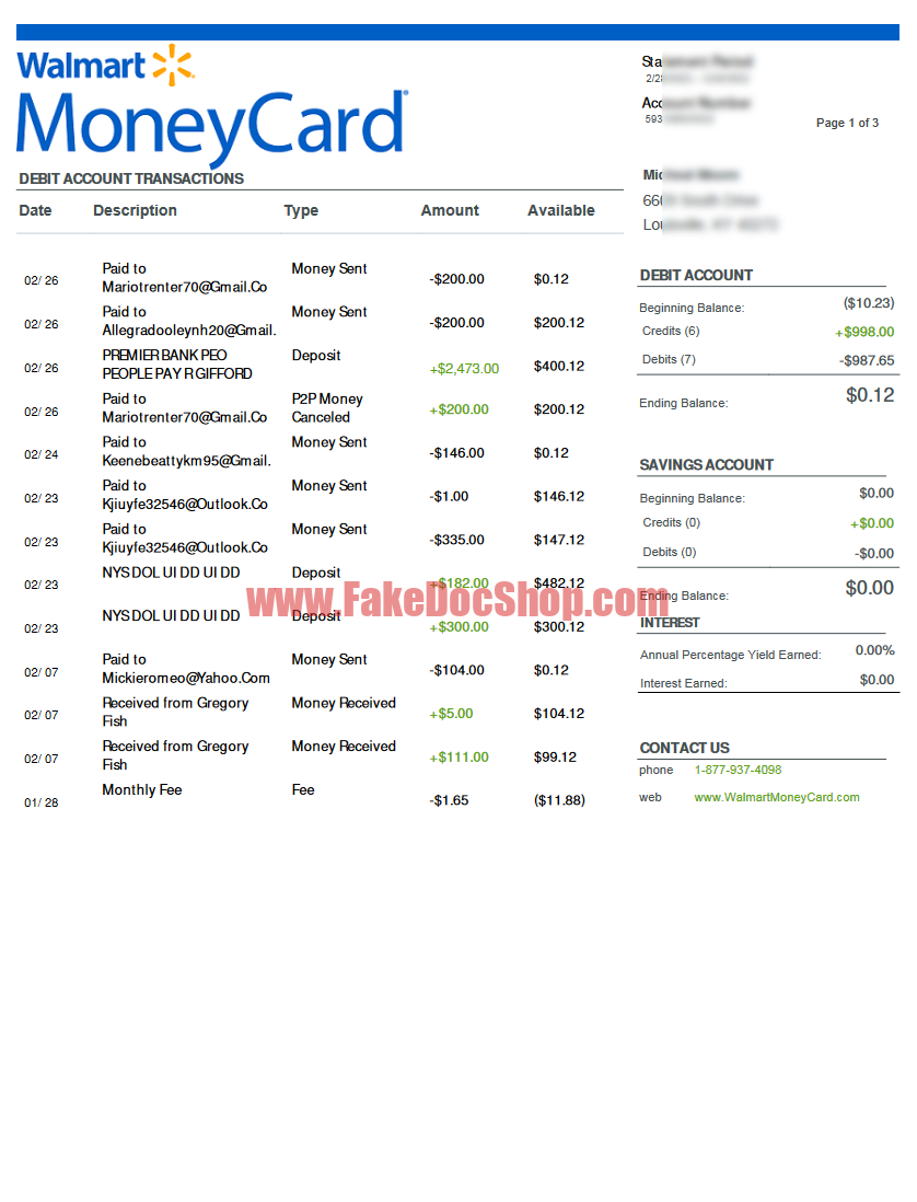 Walmart Money Card Word And PDF Template