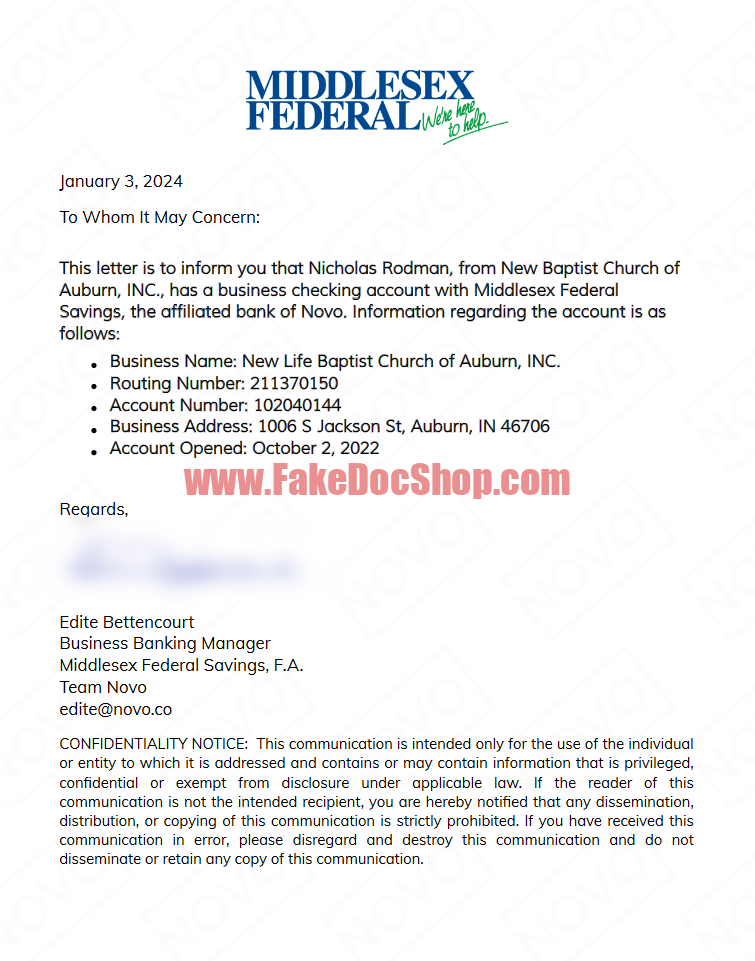 business letter from Middlesex Federal Saving Word And PDF Template