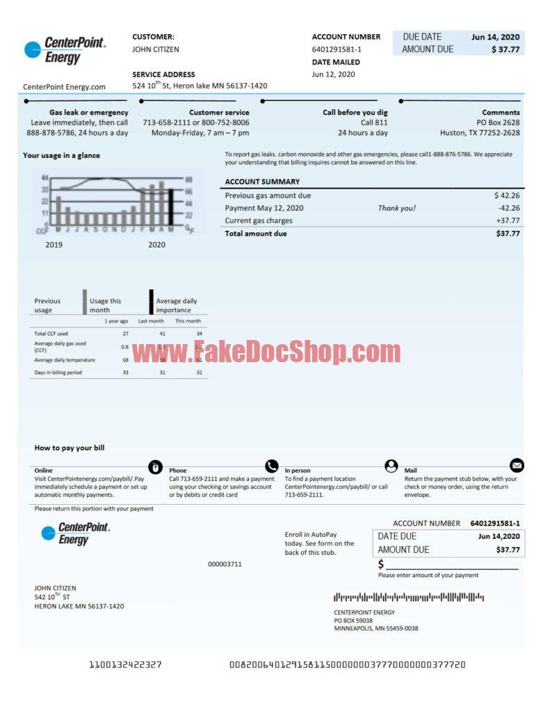 USA Texas Center Point Energy Utility Bill Template In Word And PDF