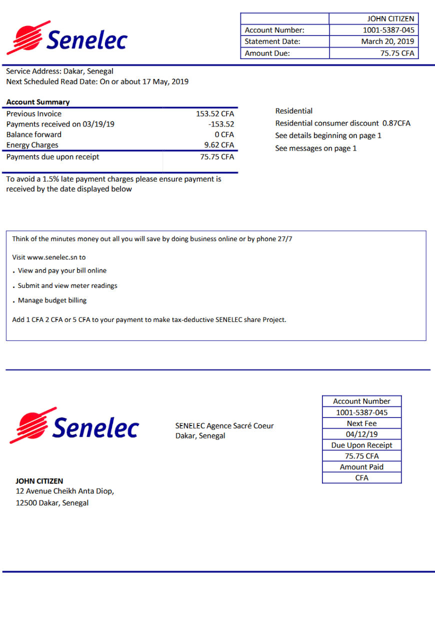 Senegal Senelec Agence Sacre Coeur Company electricity utility bill template