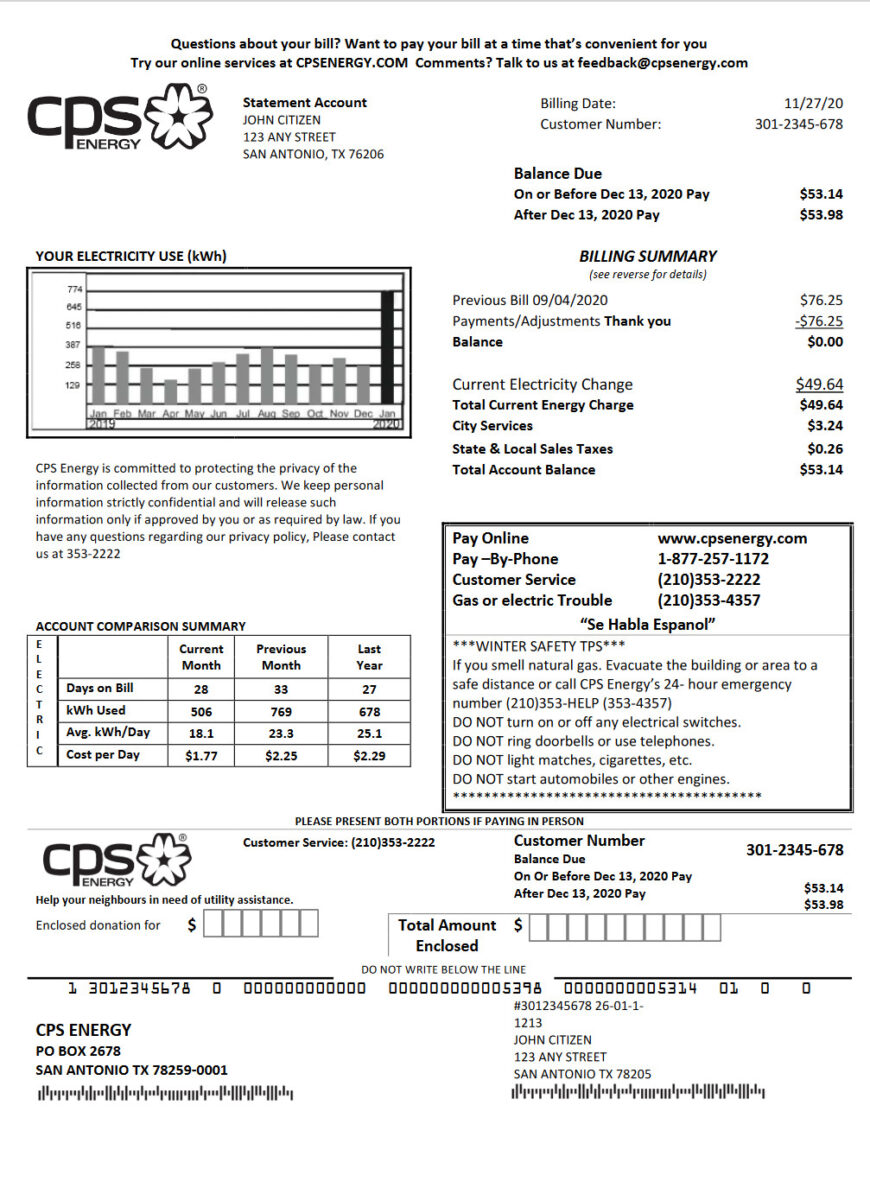 USA Texas CPS utility bill template in Word and PDF format