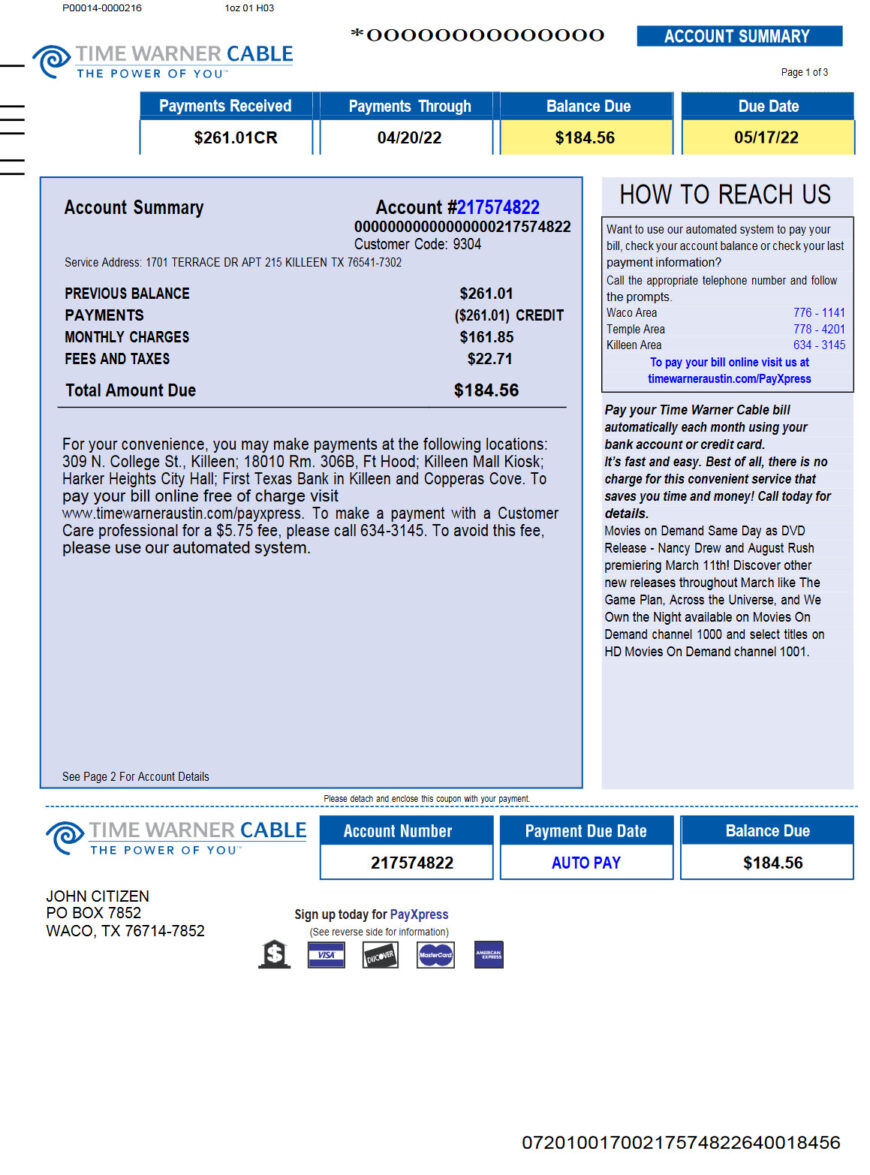 USA Time Warner Cabel utility bill Word and PDF template