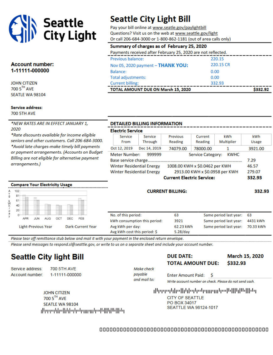 USA Washington Seattle City Light utility bill template
