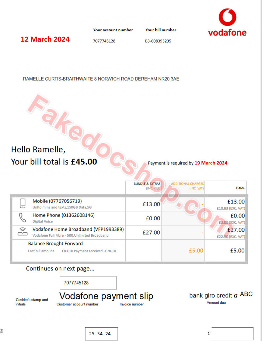 Uk Vodafone Utility Bill PDF template